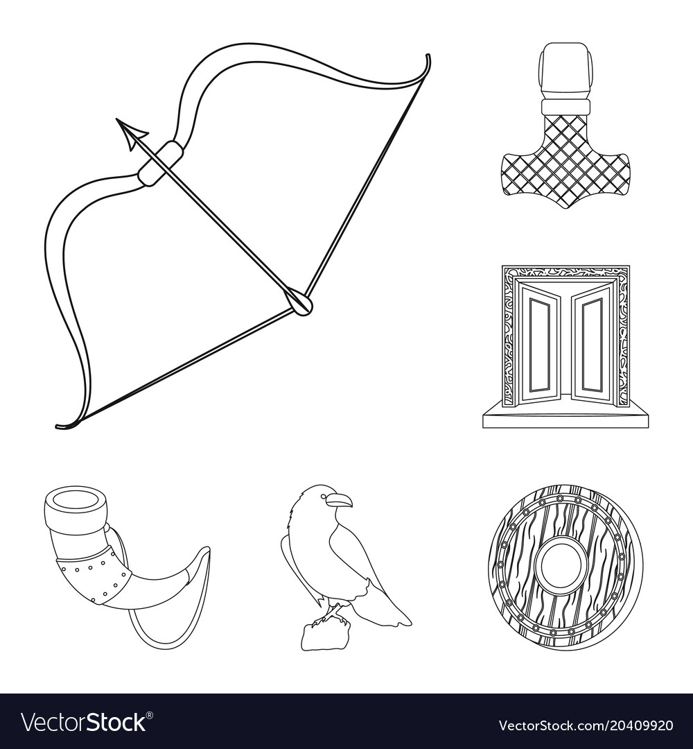 Vikings and attributes outline icons in set
