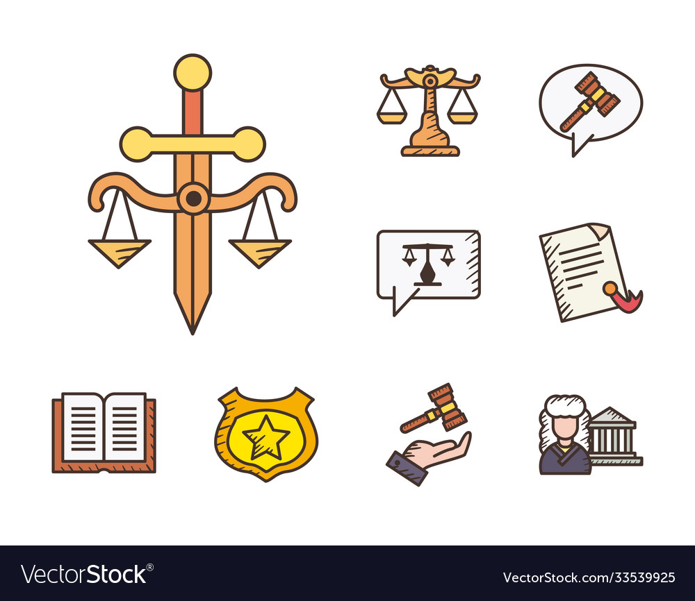 Law And Justice Line Fill Style Set Icons Vector Image 2524