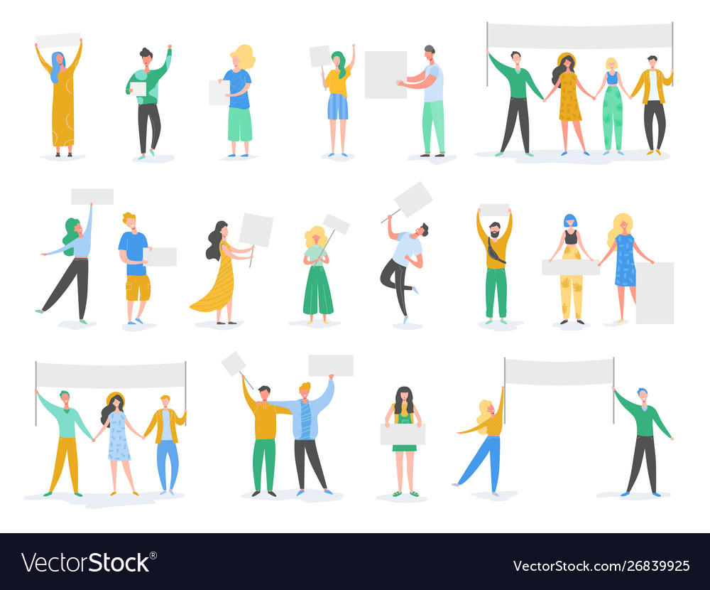 Protesting people holding banners and placards Vector Image