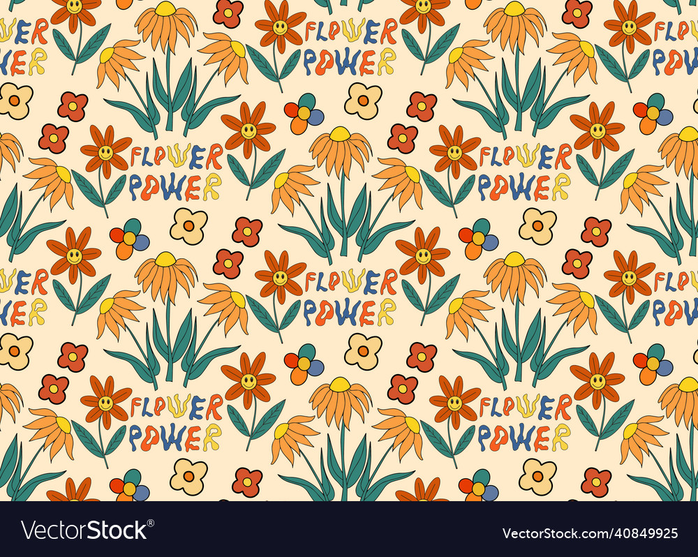 Retro 70s hippie orange flowers seamless pattern Vector Image