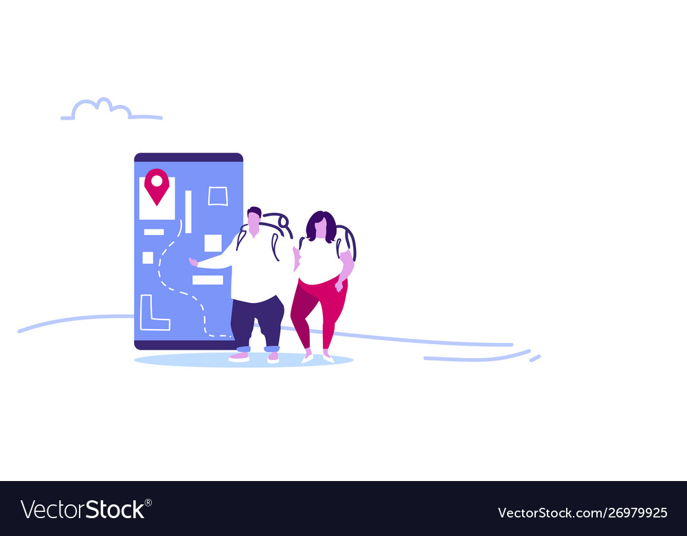 Tourists couple using mobile navigation app vector image Tourists couple using mobile navigation app