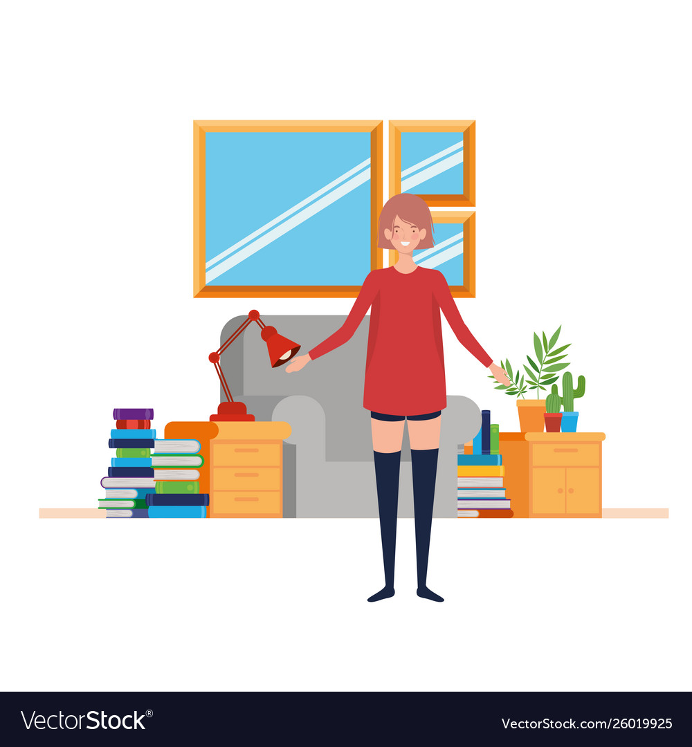 Woman in living room with desk and books