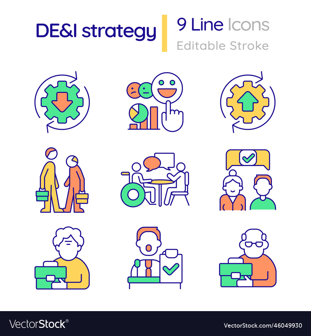 Dei strategy in workplace rgb color icons set Vector Image