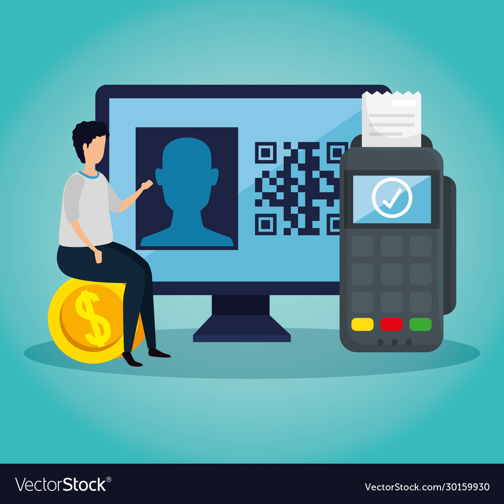 Scan code qr in computer with man and icons vector image Scan code qr in computer with man and icons