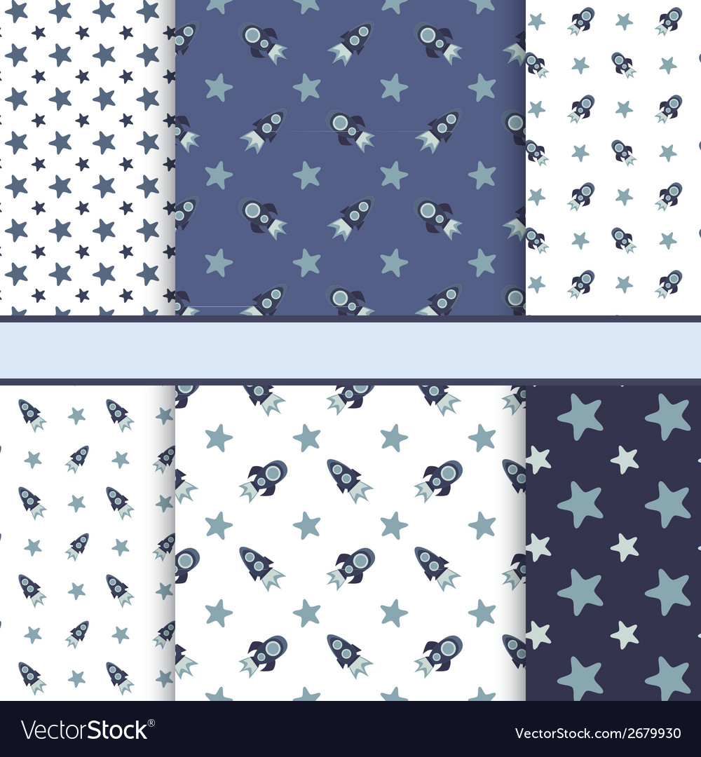 Set of seamless space patterns tiling - dark blu