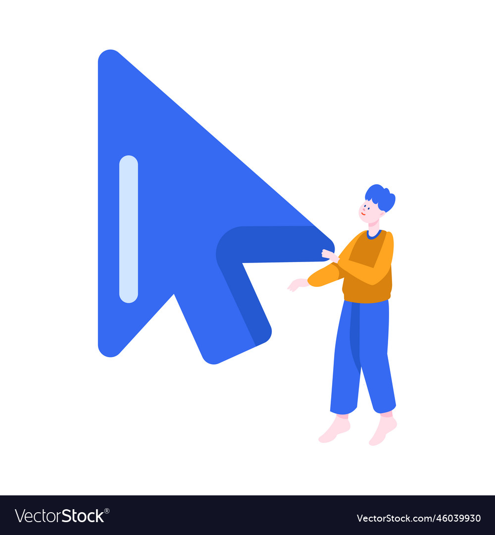 Tiny man character at huge blue computer web vector image Tiny man character at huge blue computer web