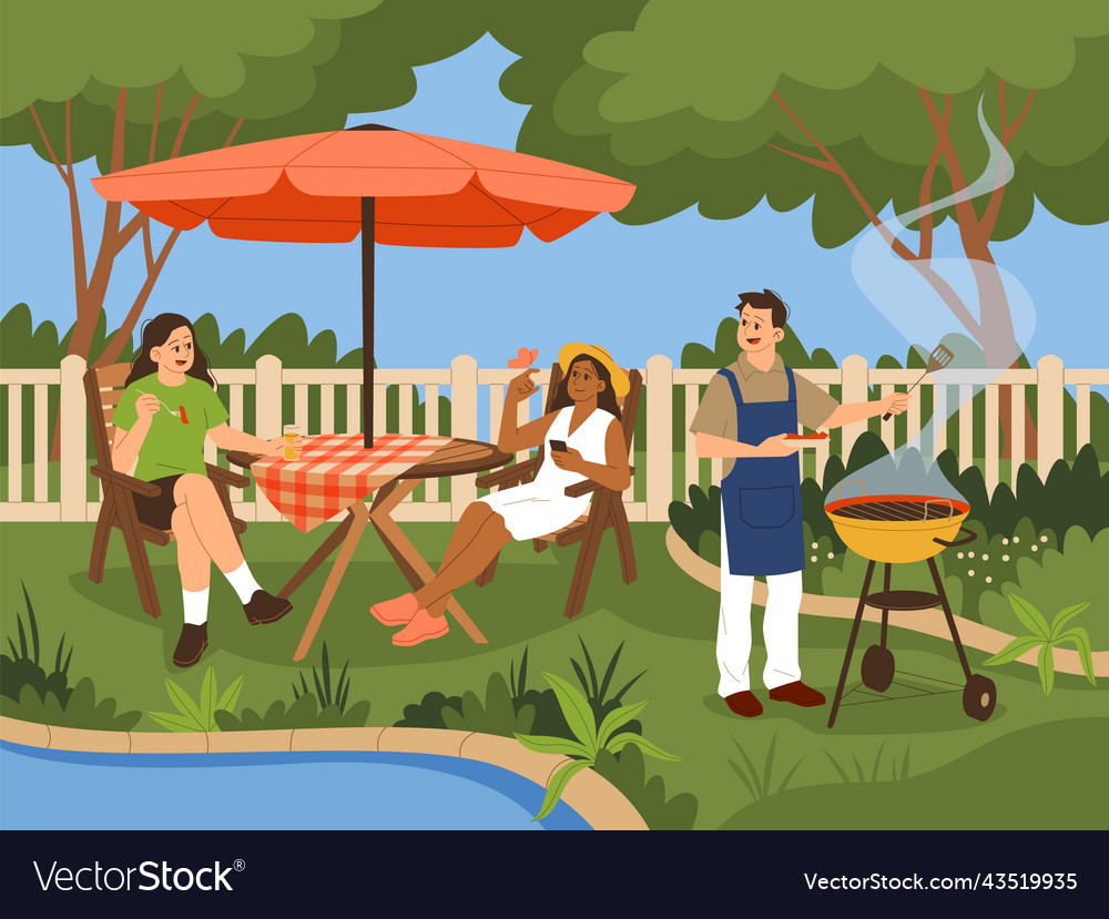 Backyard Summer Relax People Barbecue Party Vector Image