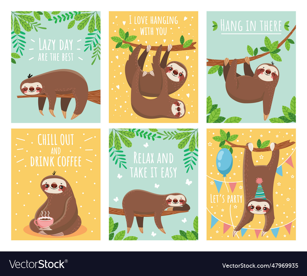 Greeting card with lazy sloth cartoon cute sloths Vector Image