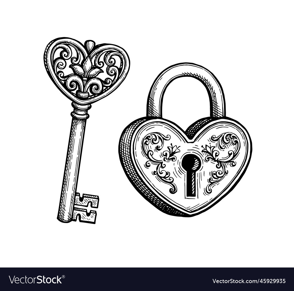 Heart shaped padlock and key Royalty Free Vector Image