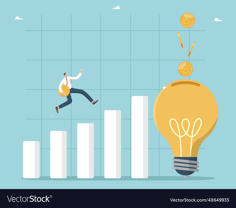 Man runs with coins on graph to light bulb Vector Image Man runs with coins on graph to light bulb