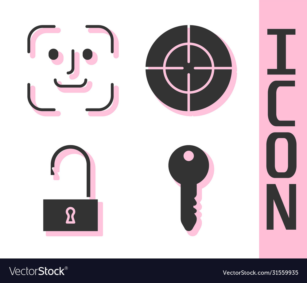 Set key face recognition open padlock and target vector image Set key face recognition open padlock and target