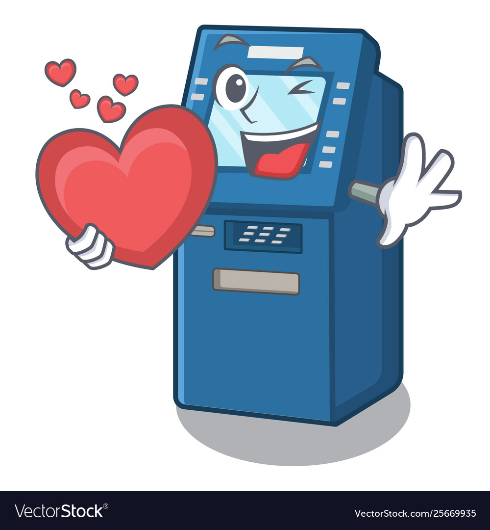 With heart atm machine next to character table Vector Image