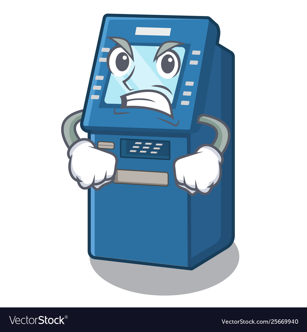 Angry atm machine next to character table vector image Angry atm machine next to character table