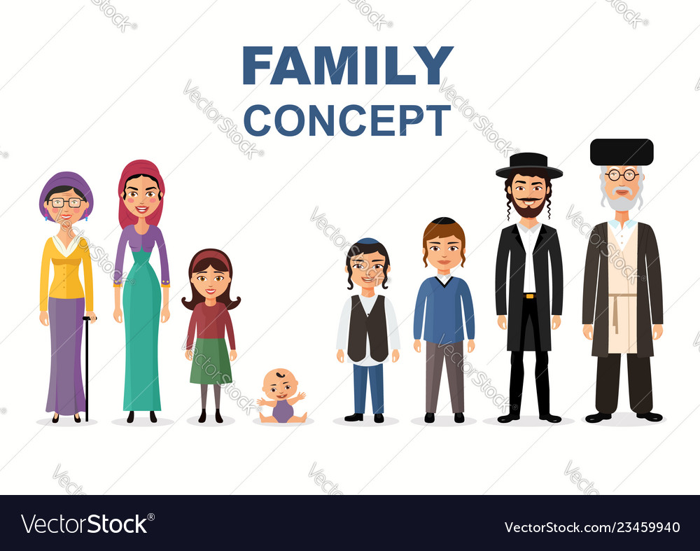 Big jewish family together cartoon concept