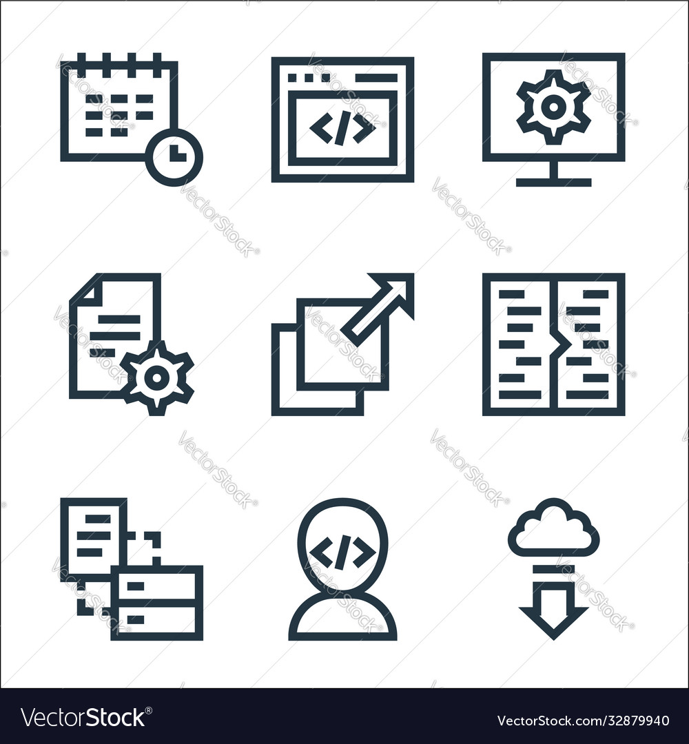 Development line icons linear set quality vector image Development line icons linear set quality