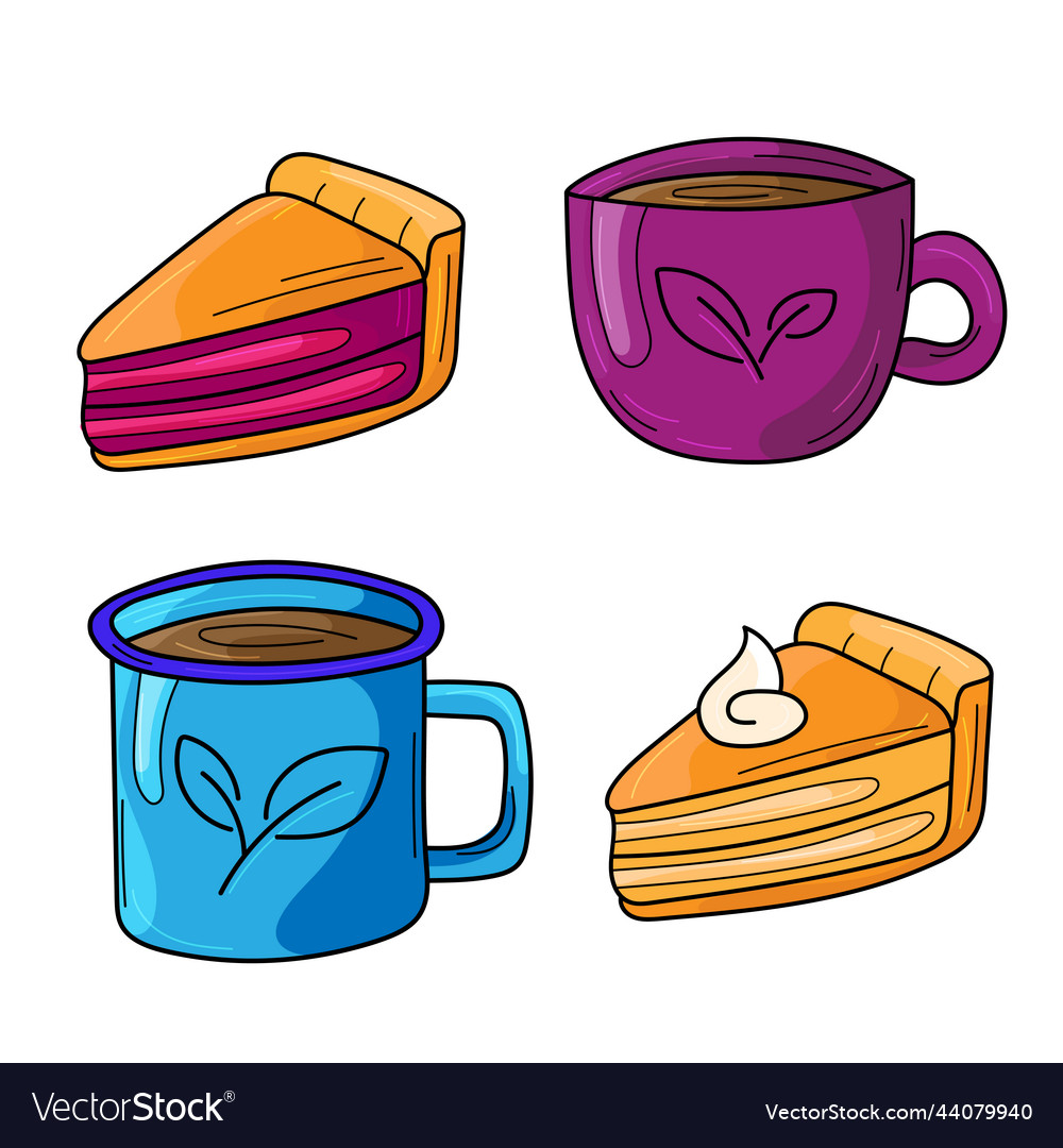 Set of tea in cups and pies cartoon