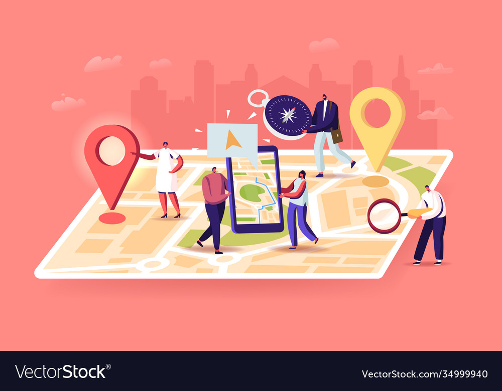 Tiny characters at huge location map people use vector image Tiny characters at huge location map people use