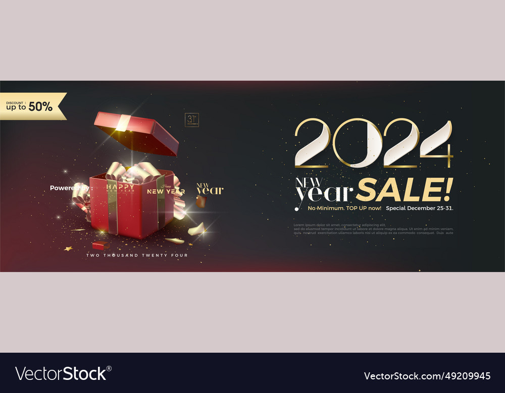 2024 new year sale with gold numerals and gift