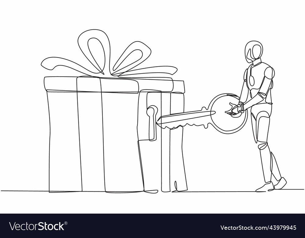 Continuous one line drawing robot putting key Vector Image Continuous one line drawing robot putting key