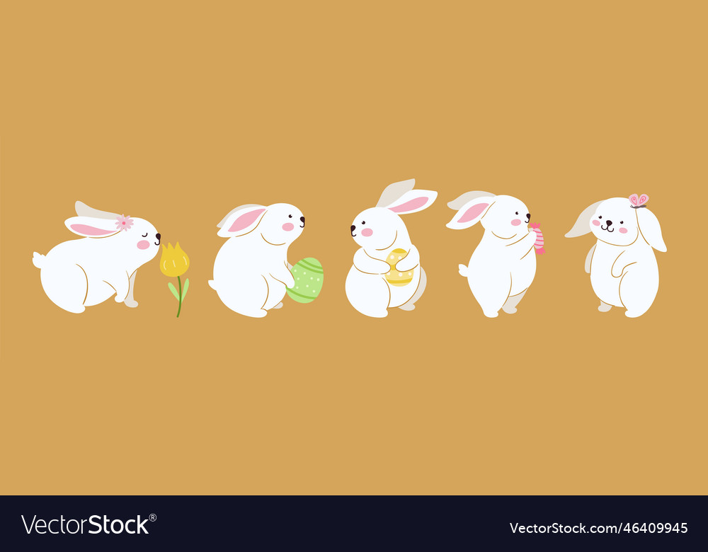 Funny fat bunnies with flowers eggs and candy Vector Image