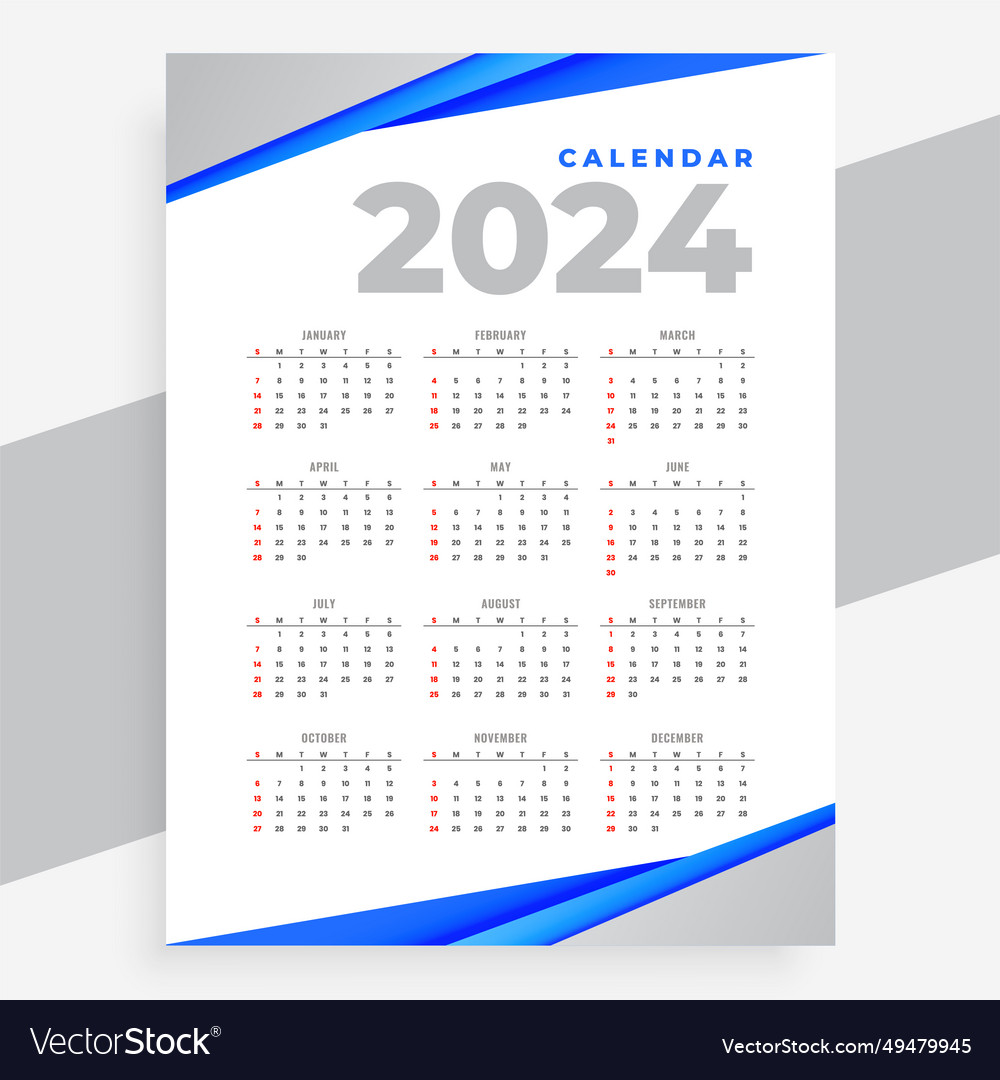 White And Blue 2024 English Calendar Layout Vector Image