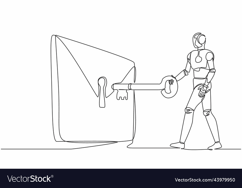 Single one line drawing robot putting big key vector image Single one line drawing robot putting big key