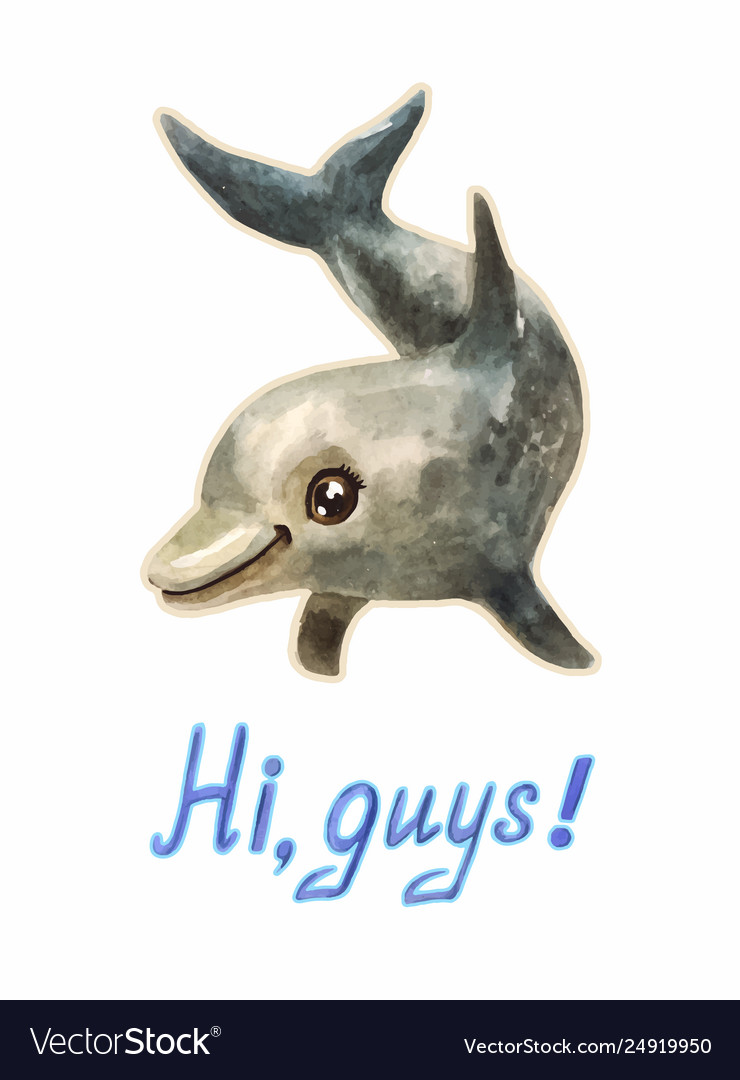 Watercolor funny cartoon dolphin with greeting hi