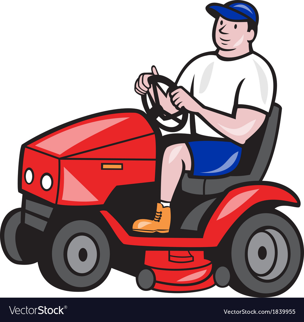 Gardener mowing rideon lawn mower cartoon Vector Image