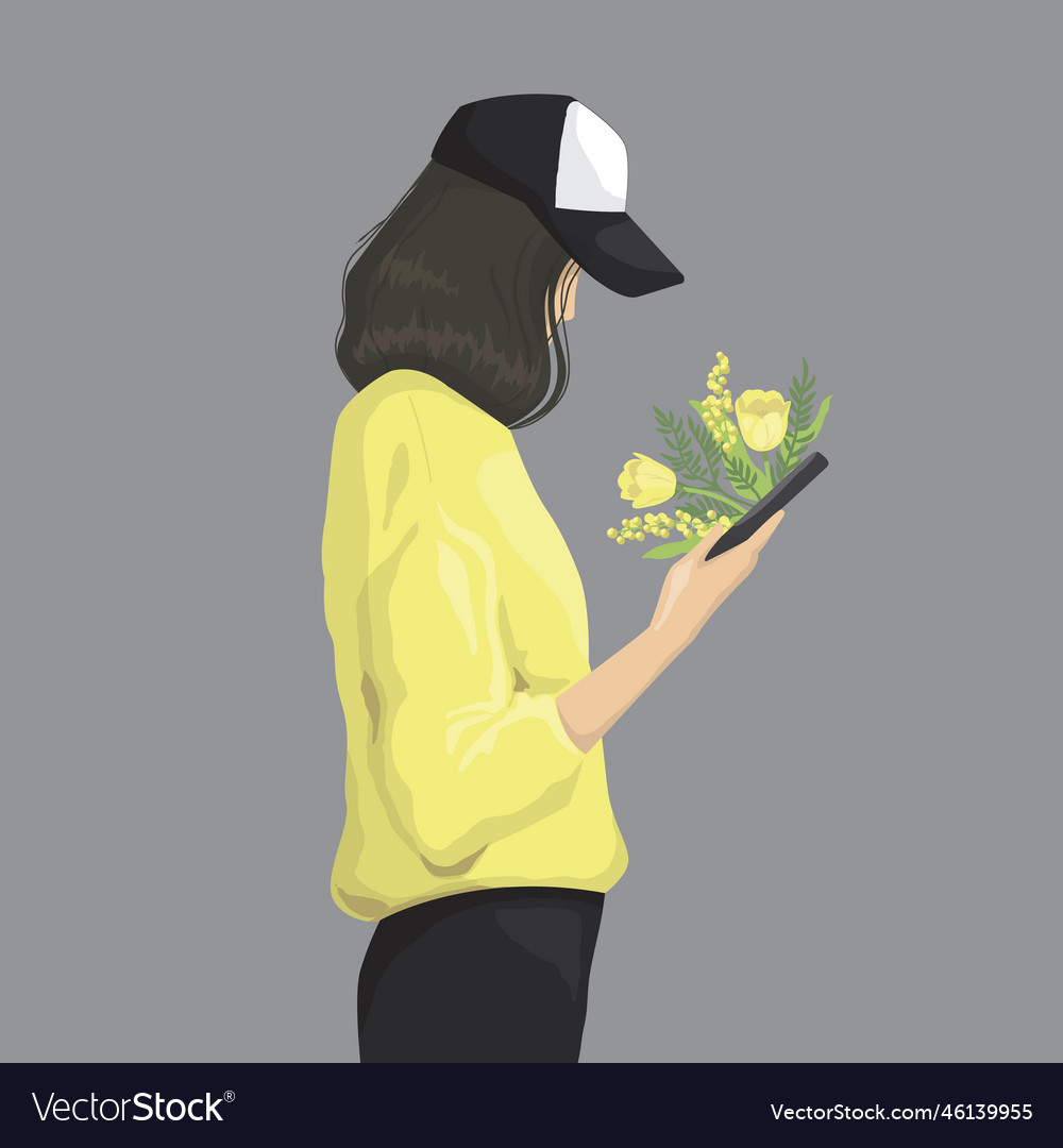 Junge schöne Mädchen mit Telefon und Frühling Blumen