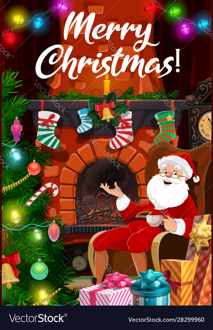 Christmas Tree Lights Santa Gifts At Fireplace Vector Image