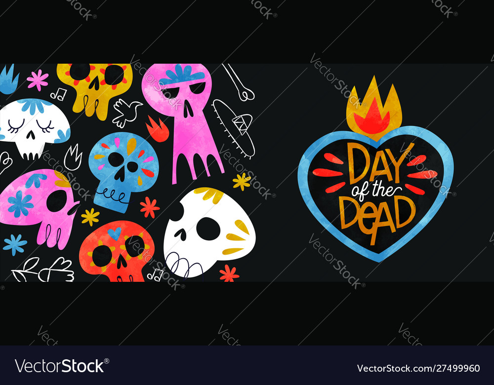 Day dead banner colorful watercolor skull vector image Day dead banner colorful watercolor skull