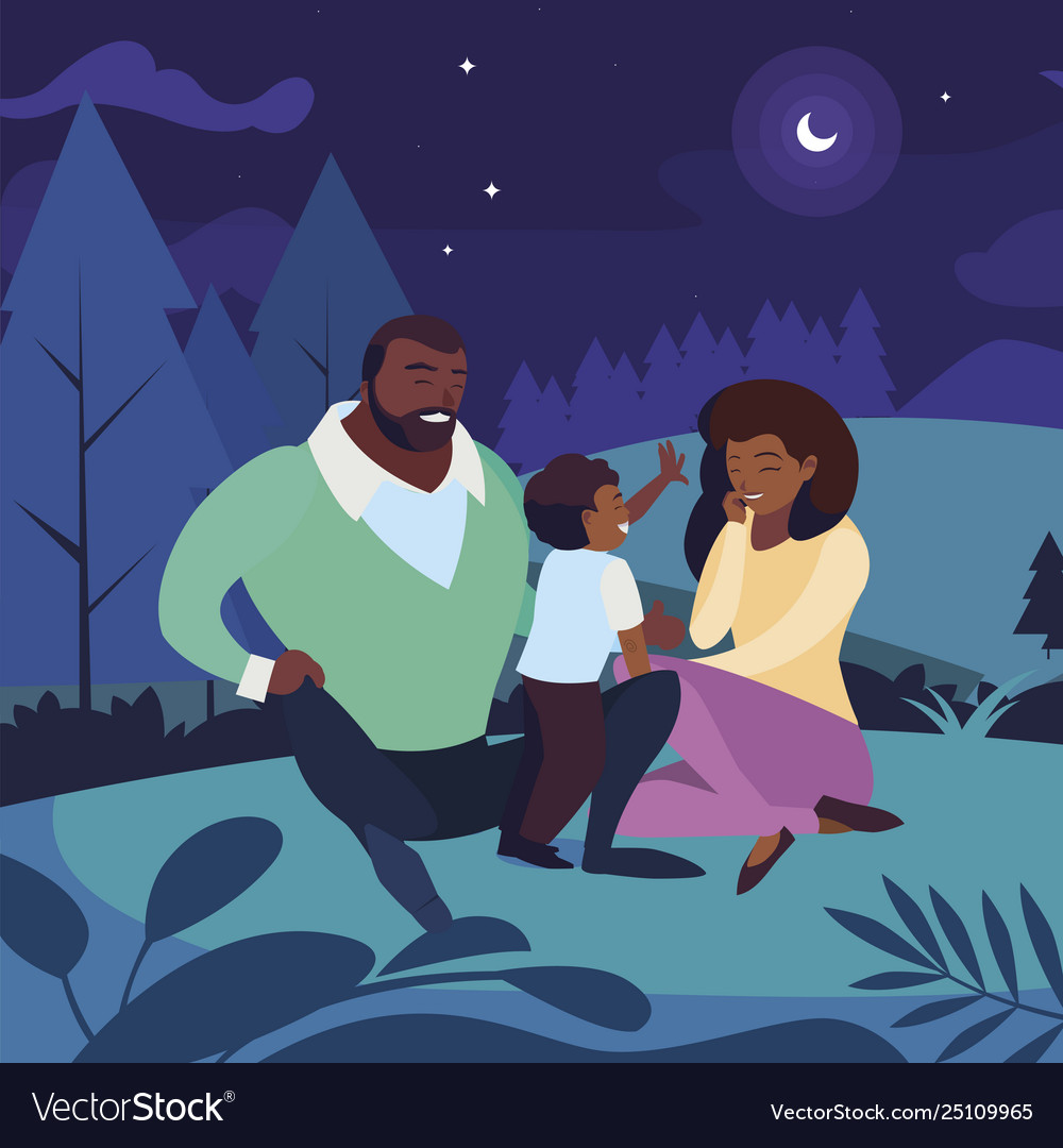 Schwarze Eltern Paar mit Sohn in der Landschaft vector image Schwarze Eltern Paar mit Sohn in der Landschaft