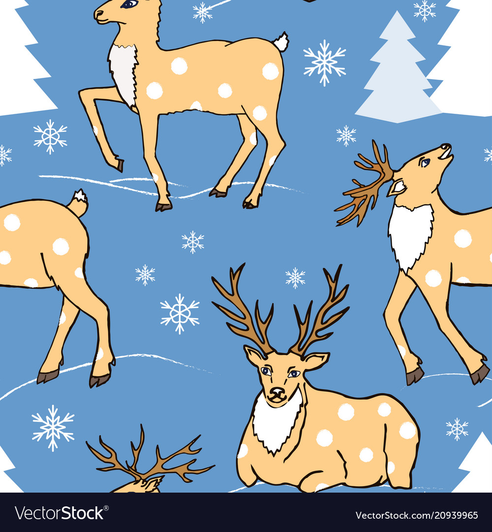 Seamless pattern with winter forest and cute deers