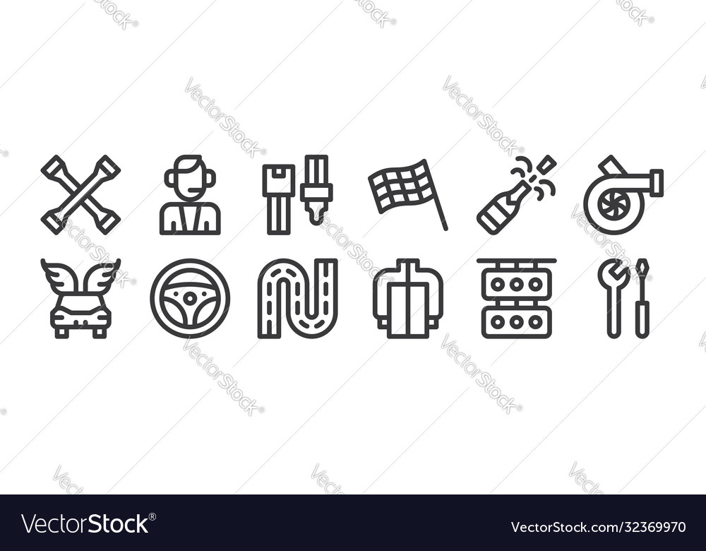 12 set linear auto racing icons thin outline