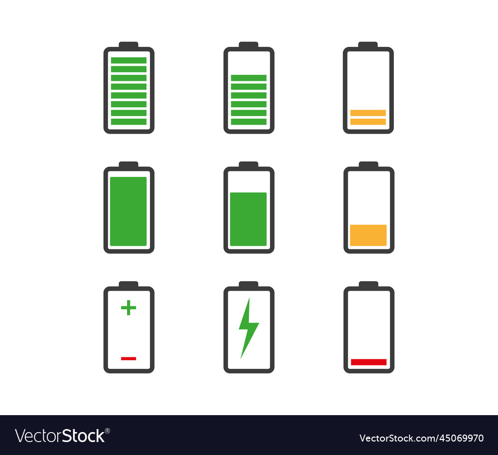 Battery level indicator power set icons Royalty Free Vector