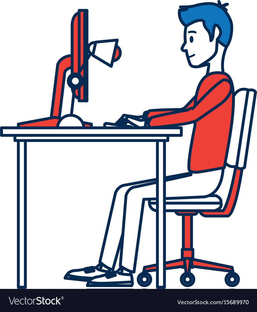 Man character sitting working desk computer
