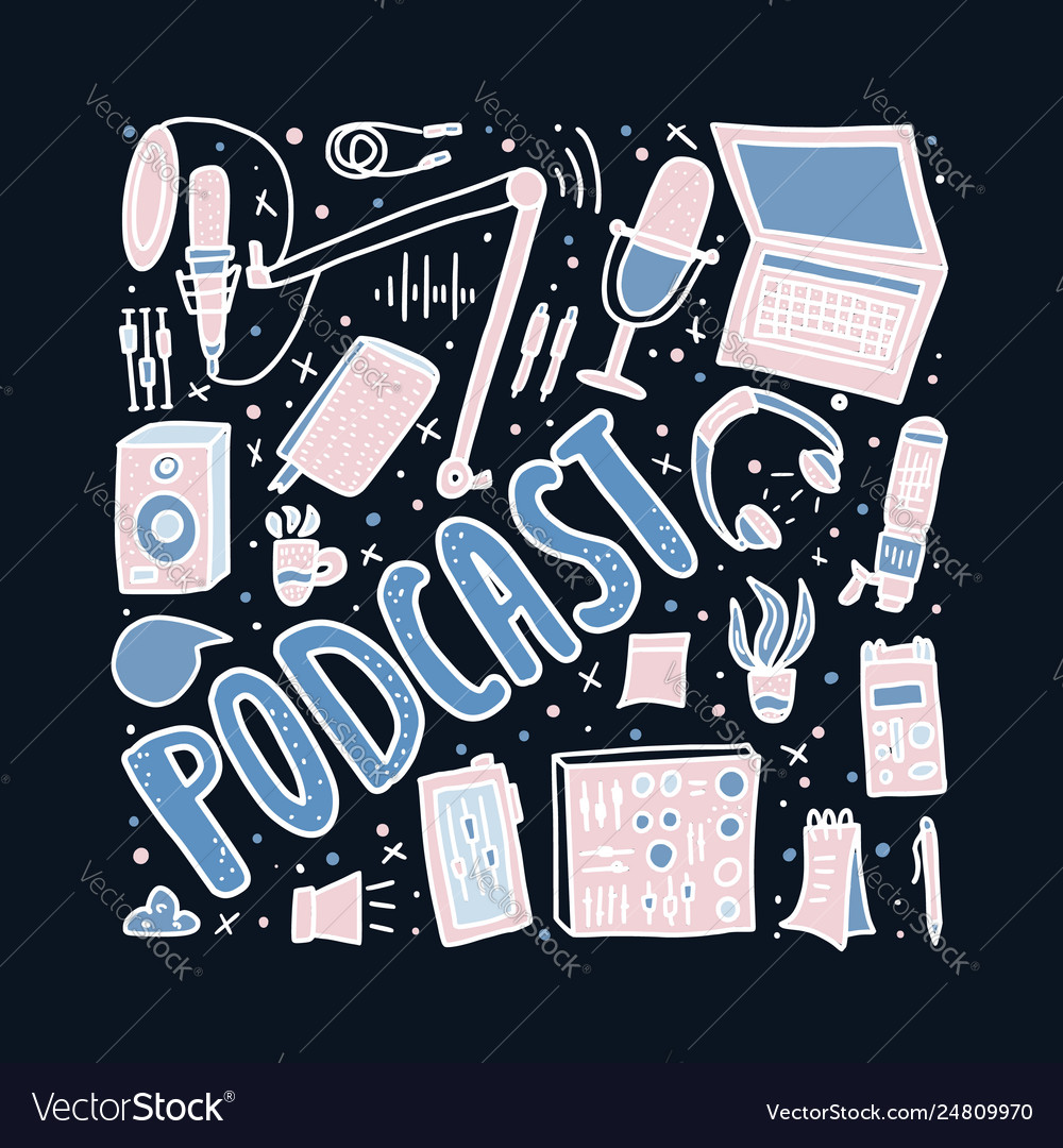 Podcast lettering with decoration design vector image Podcast lettering with decoration design