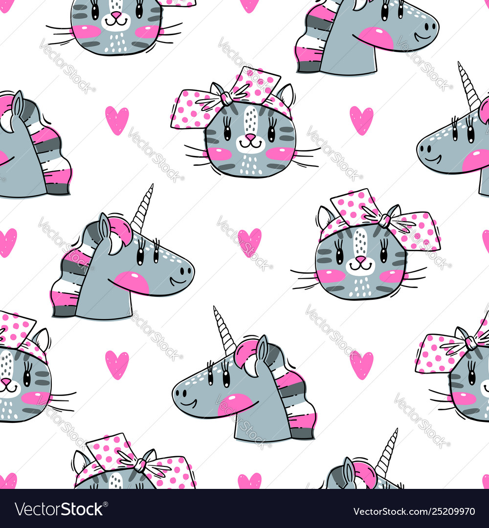 Seamless pattern with faces cats and rainbow