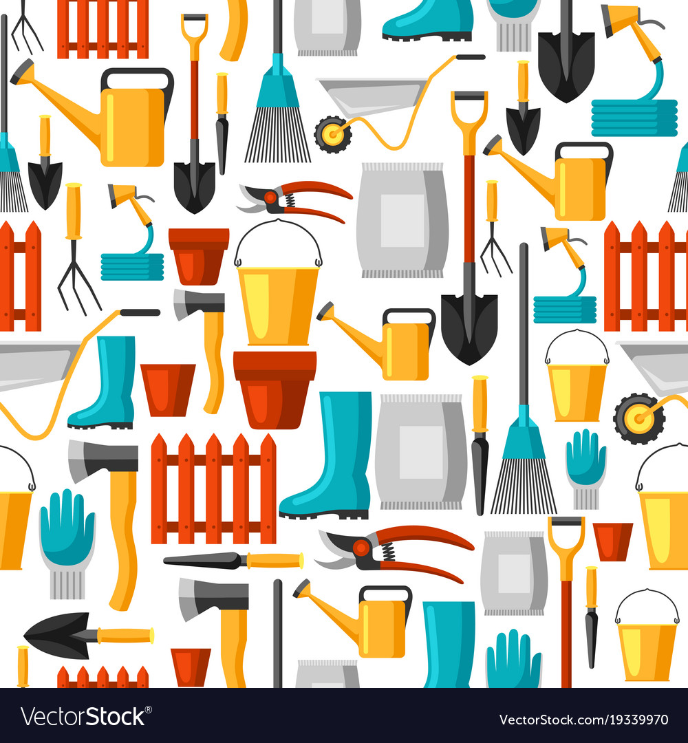 Seamless pattern with garden tools and icons all