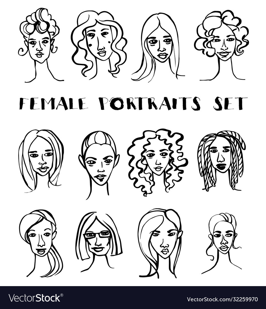 Set female doodle hand drawn portraits black Vector Image