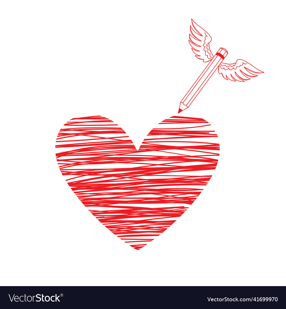 Winged pencil draws a heart