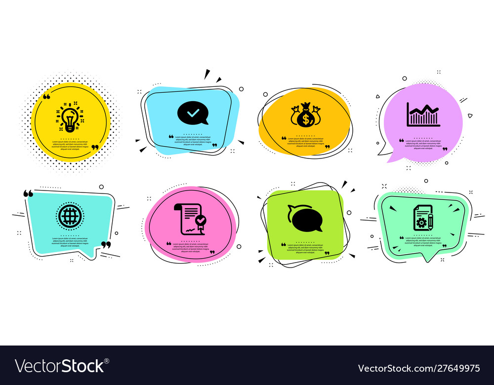 Globe talk bubble and approved message icons set