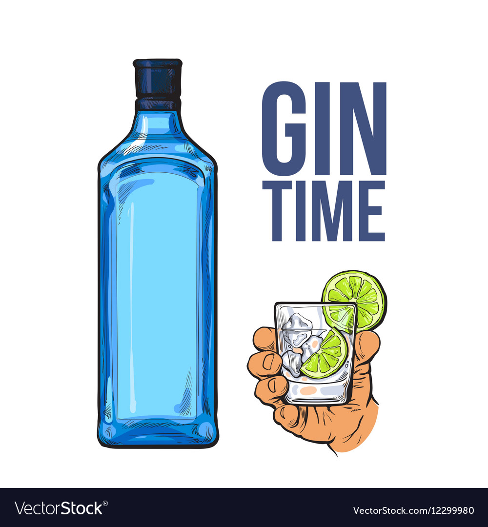 Blue gin bottle hand holding glass with ice and Vector Image