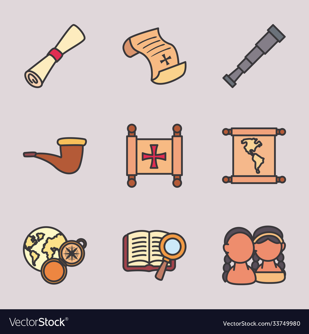 Christopher columbus man line and fill style icons