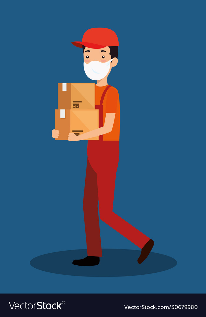 Delivery worker using face mask with boxes
