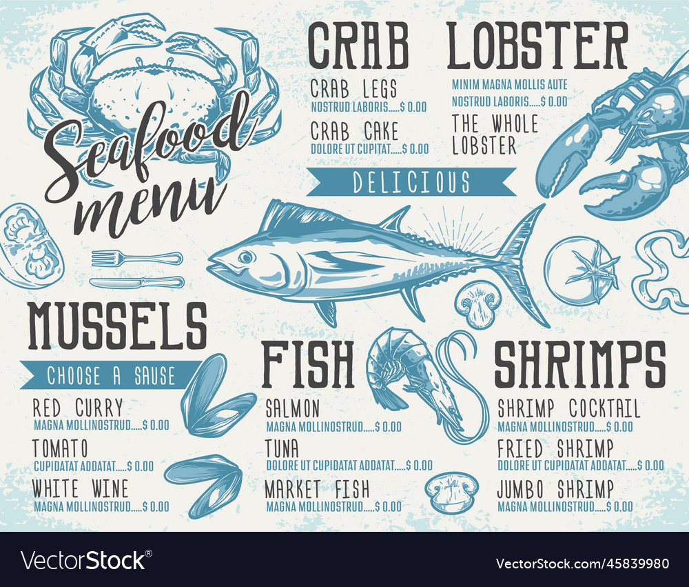 Seafood restaurant colorful vintage menu Vector Image