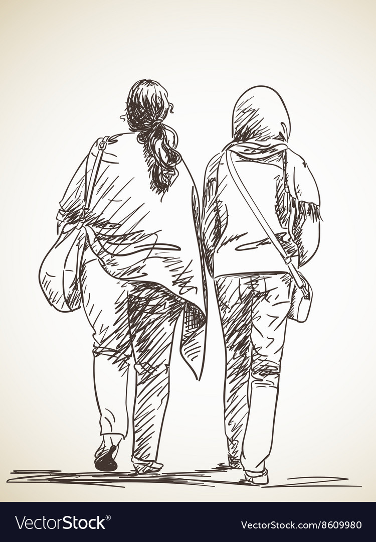 Sketch two walking woman hand drawn Royalty Free Vector