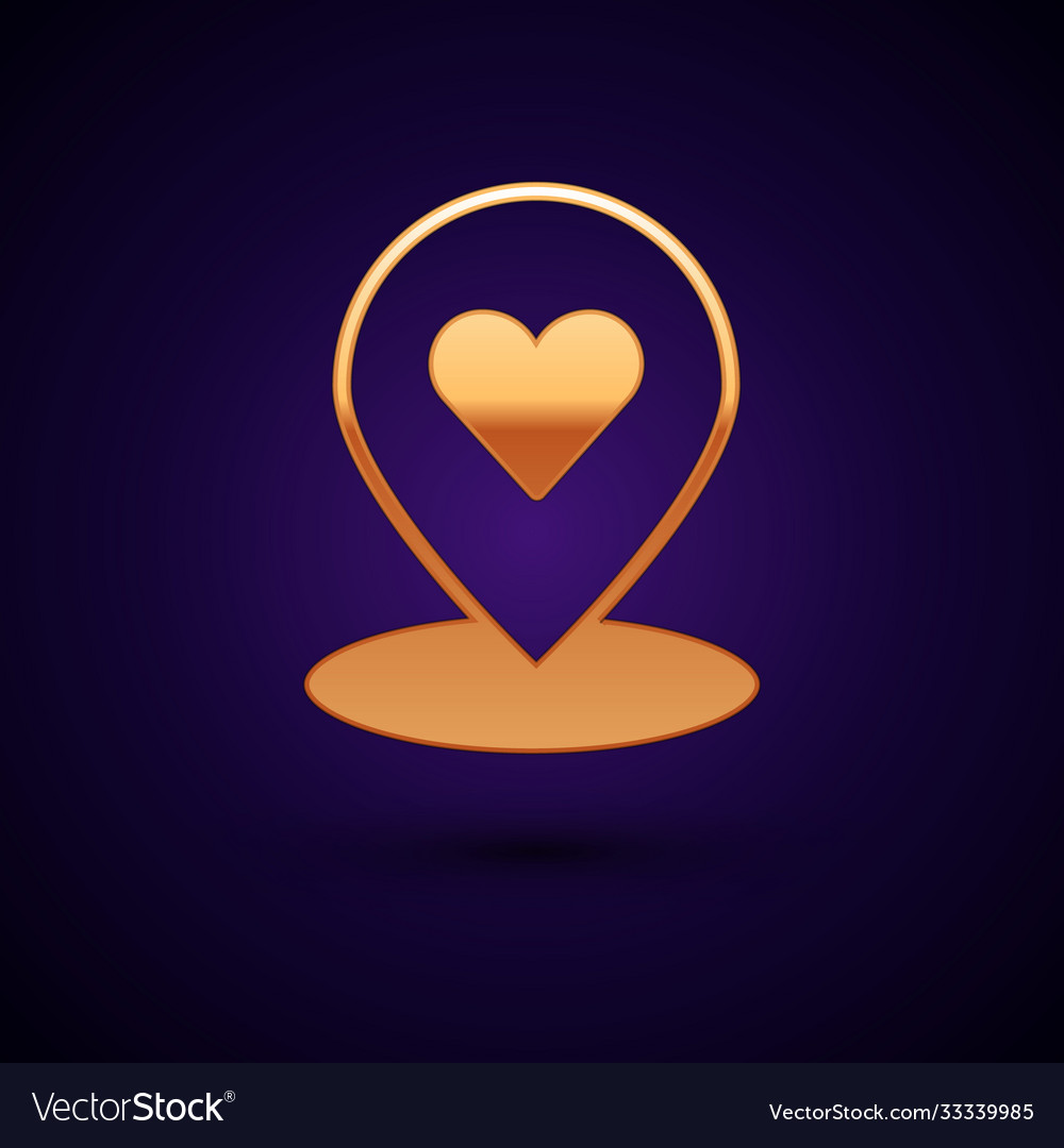 Gold map pointer with heart icon isolated on black vector image Gold map pointer with heart icon isolated on black