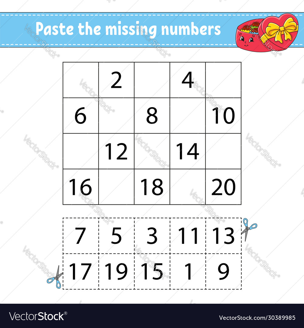 Paste missing numbers 1-20 game for children vector image Paste missing numbers 1-20 game for children