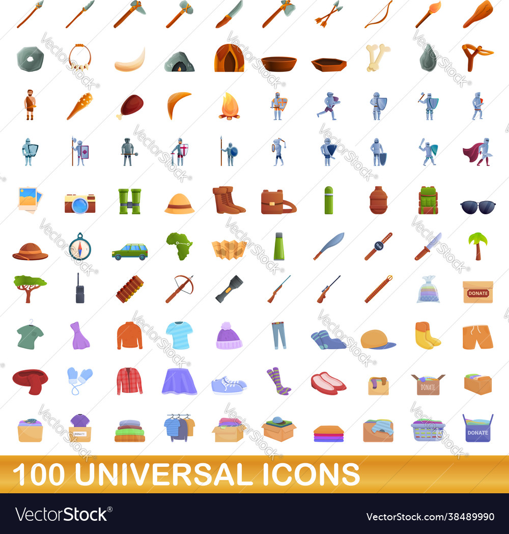 100 universal icons set cartoon style Royalty Free Vector